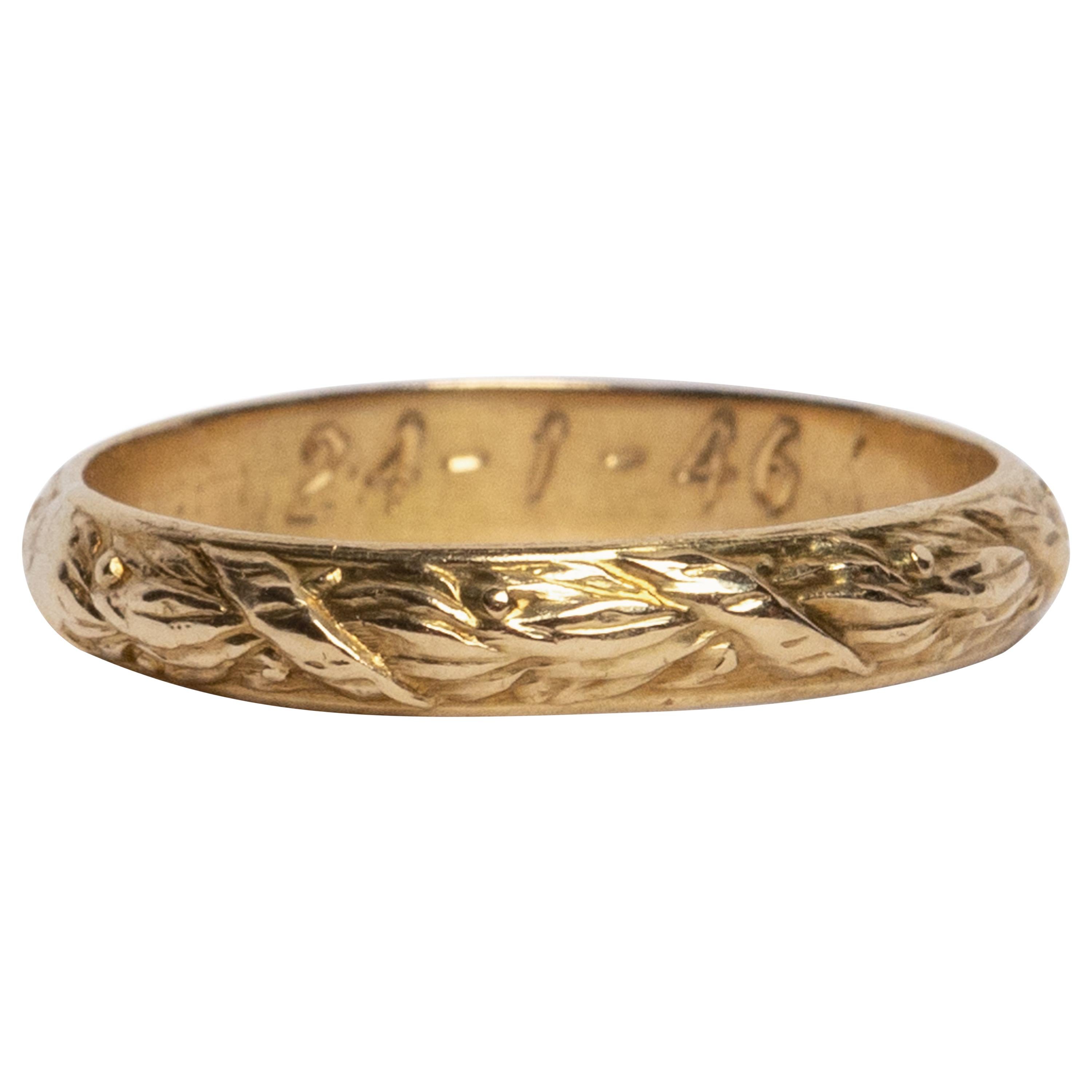 Dated 1946 Vintage Carved 14 Karat Yellow Gold Band at 1stDibs