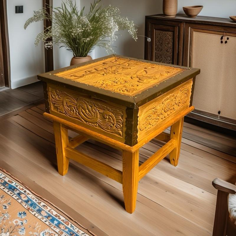 One of a Kind – This unique Scandinavian/Norwegian folk art piece from 1977 is a true standout. Handcrafted from natural pine wood and accented with copper, this versatile side table, coffee table, or chest on a stand combines functionality with