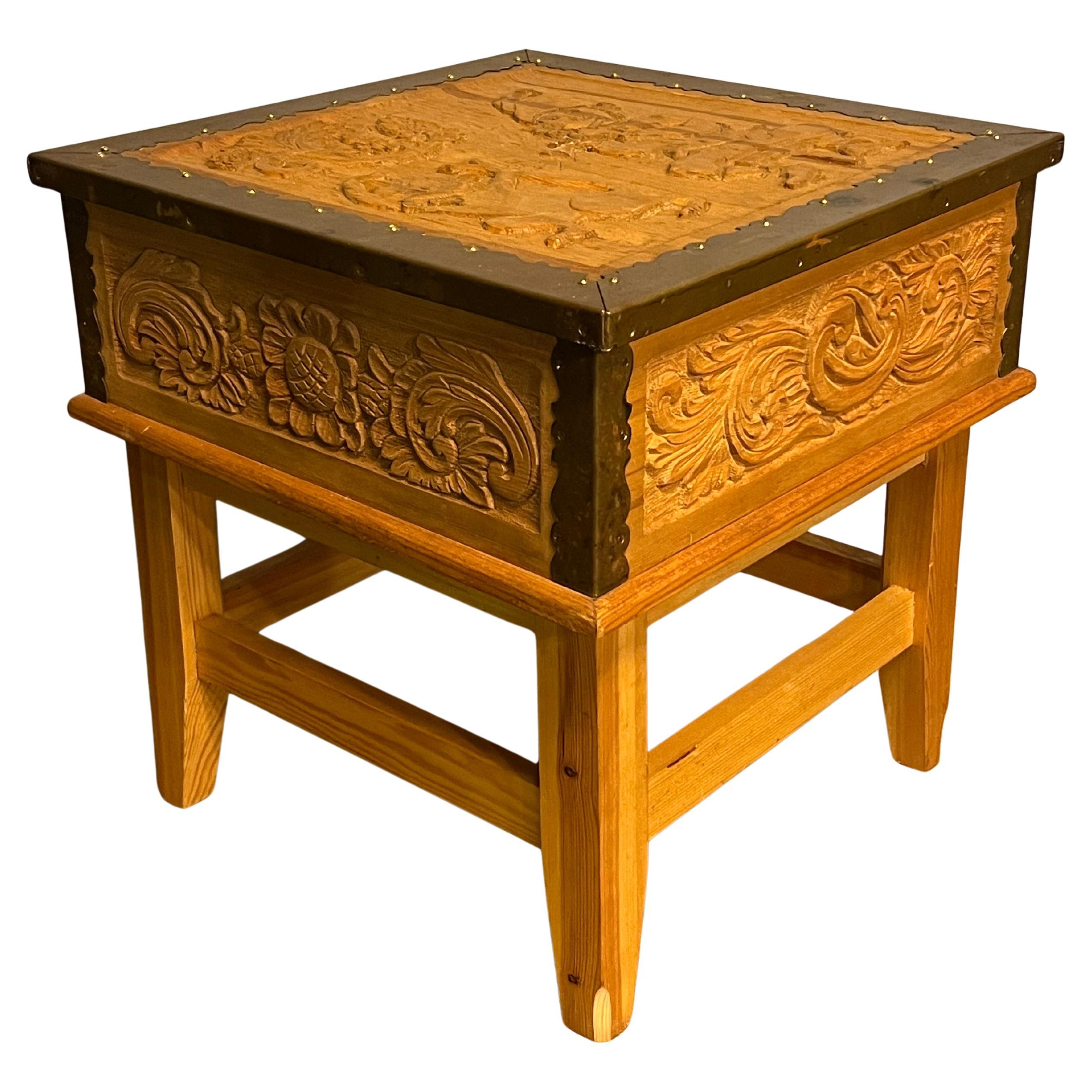 Dated 1977 Unique Scandinavian Folk Art "Dancing Cat" Chest on Stand For Sale