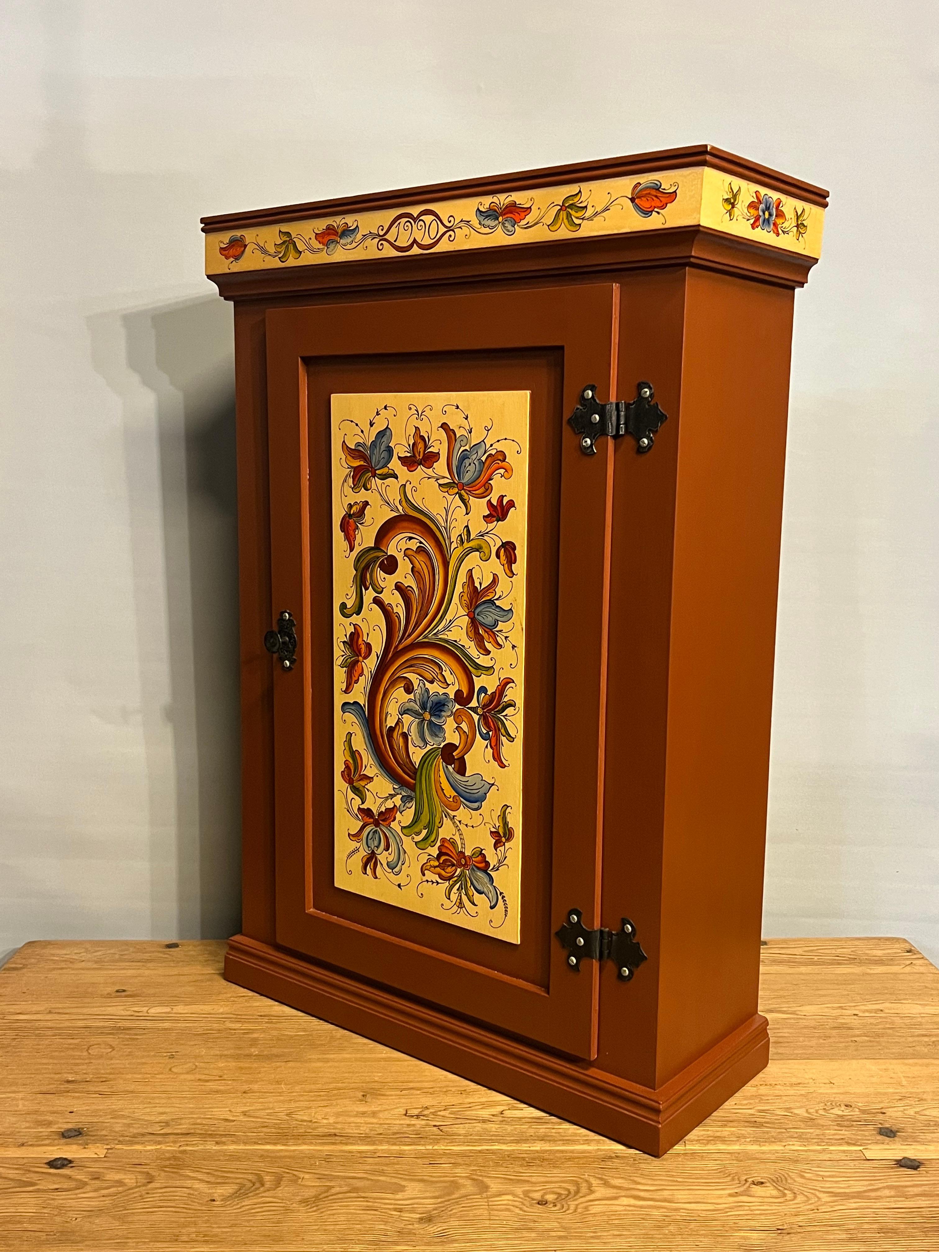 Dated 1990- Vintage Rosemaling Wall Hanging Cabinet, Hand-Painted, Norway For Sale 5