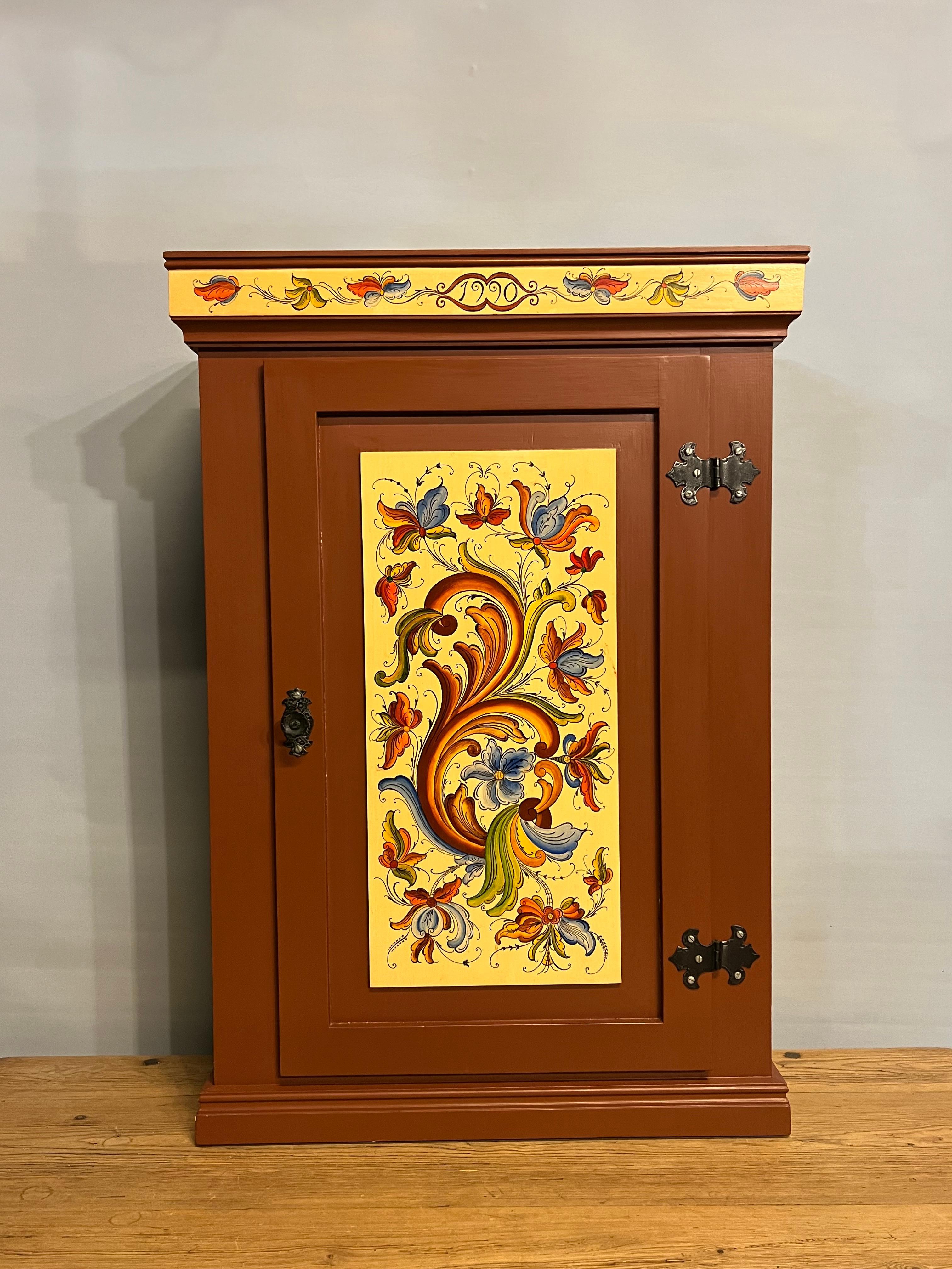 Folk Art Dated 1990- Vintage Rosemaling Wall Hanging Cabinet, Hand-Painted, Norway For Sale
