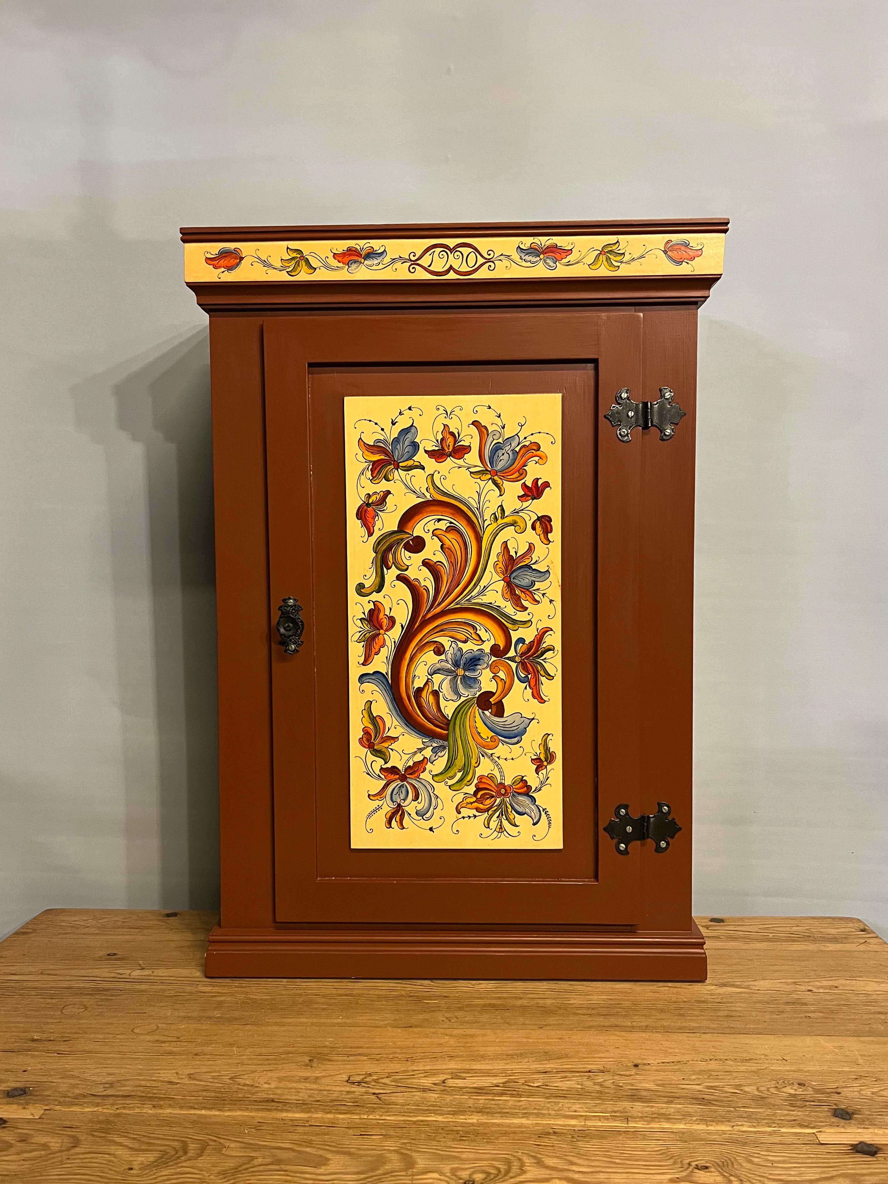 Norwegian Dated 1990- Vintage Rosemaling Wall Hanging Cabinet, Hand-Painted, Norway For Sale