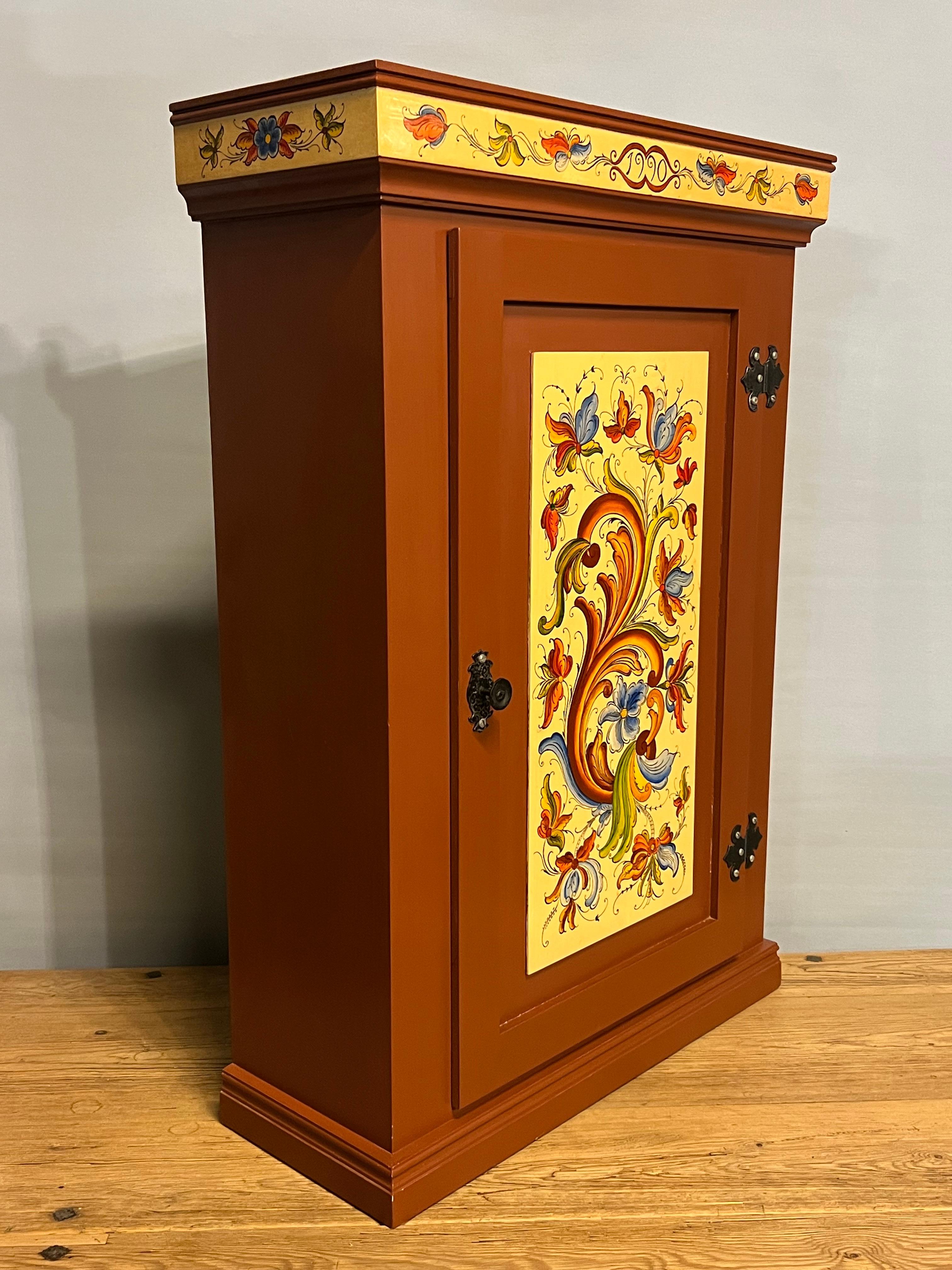 Hand-Crafted Dated 1990- Vintage Rosemaling Wall Hanging Cabinet, Hand-Painted, Norway For Sale