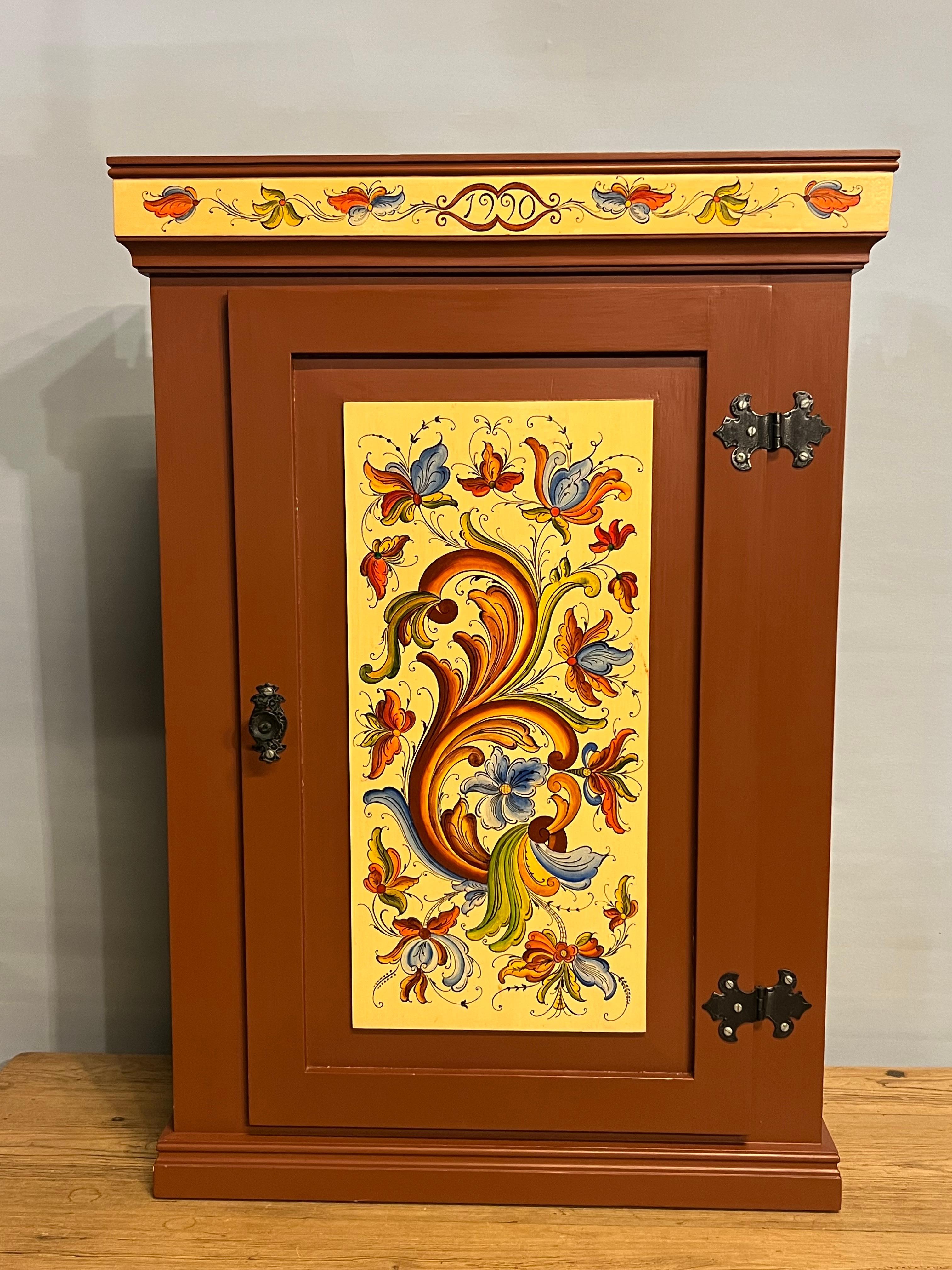 20th Century Dated 1990- Vintage Rosemaling Wall Hanging Cabinet, Hand-Painted, Norway For Sale