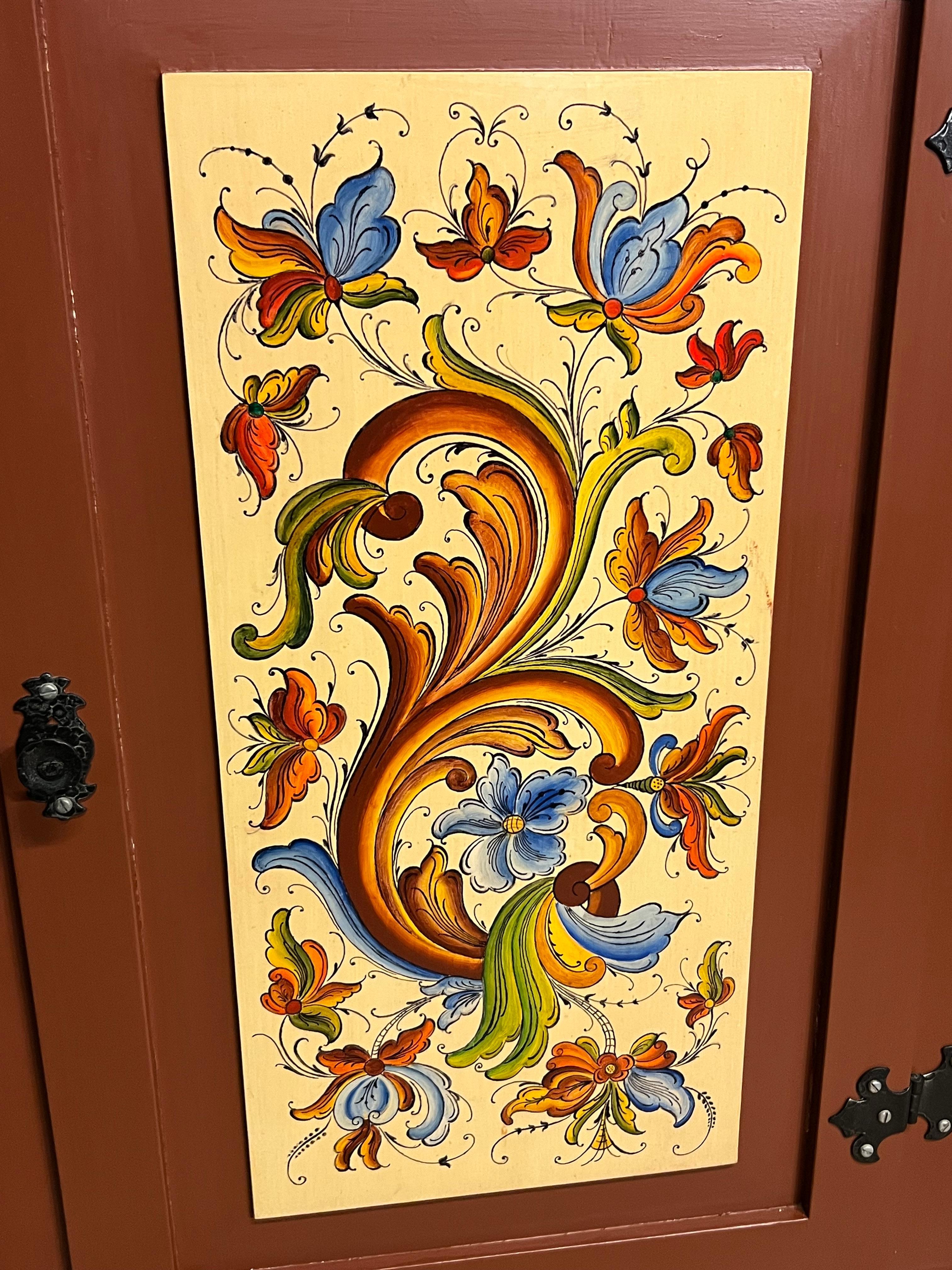 Pine Dated 1990- Vintage Rosemaling Wall Hanging Cabinet, Hand-Painted, Norway For Sale