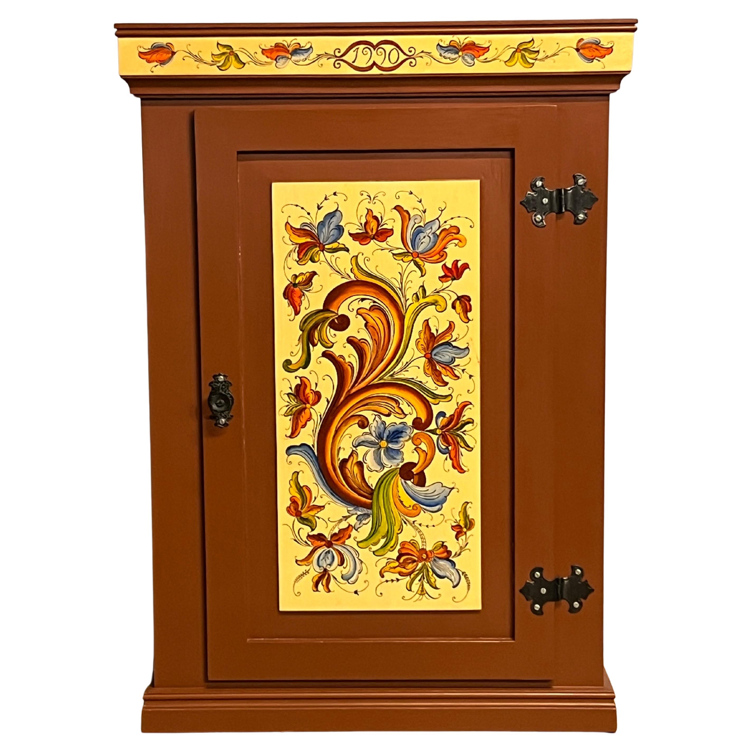 Dated 1990- Vintage Rosemaling Wall Hanging Cabinet, Hand-Painted, Norway For Sale