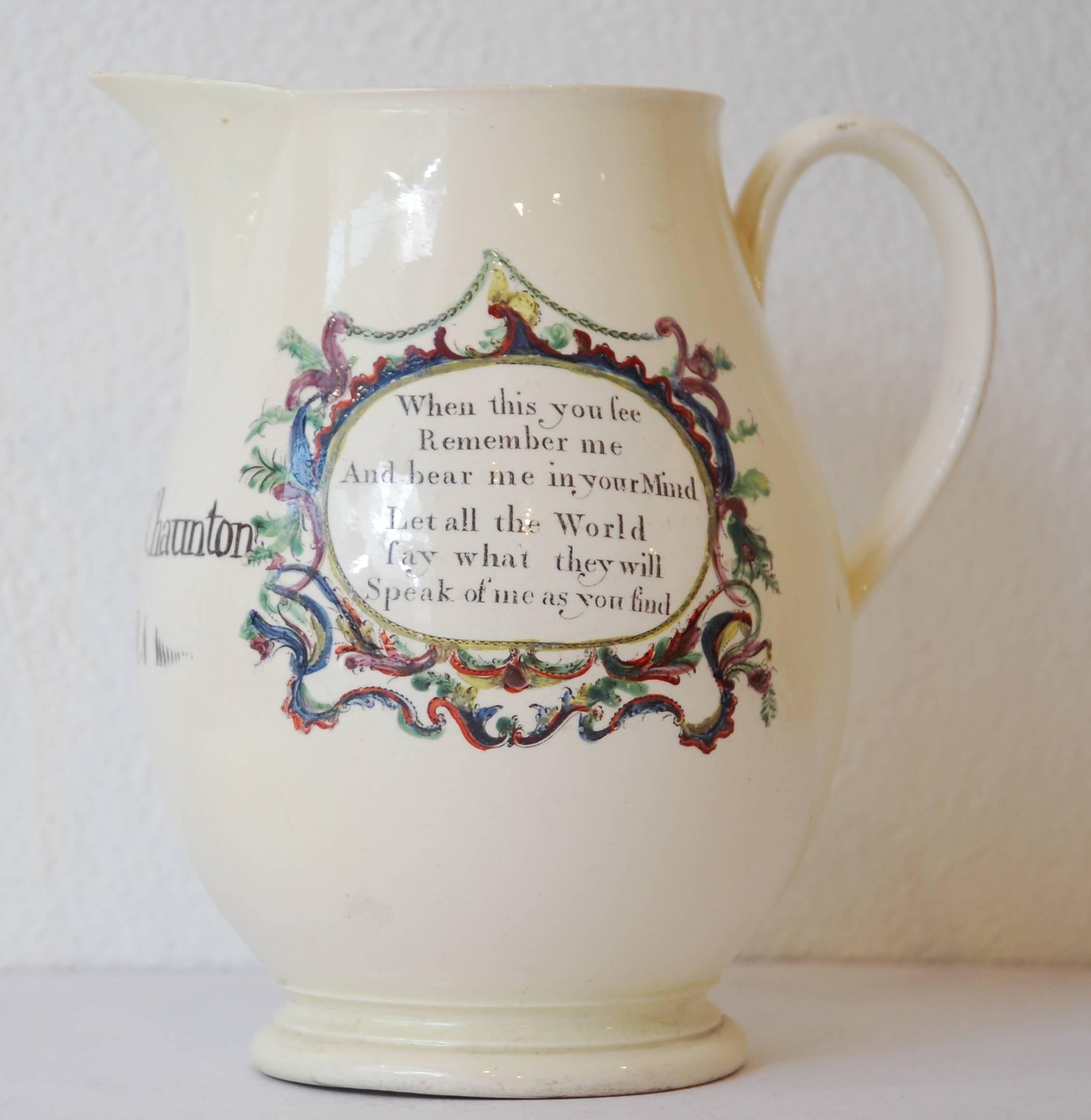 A documentary jug, decorated with transfer prints and enameling, dated and inscribed for Samuel Chaunton. Unmarked, but this class of dated creamware with enameled prints belongs to Leeds.

 
