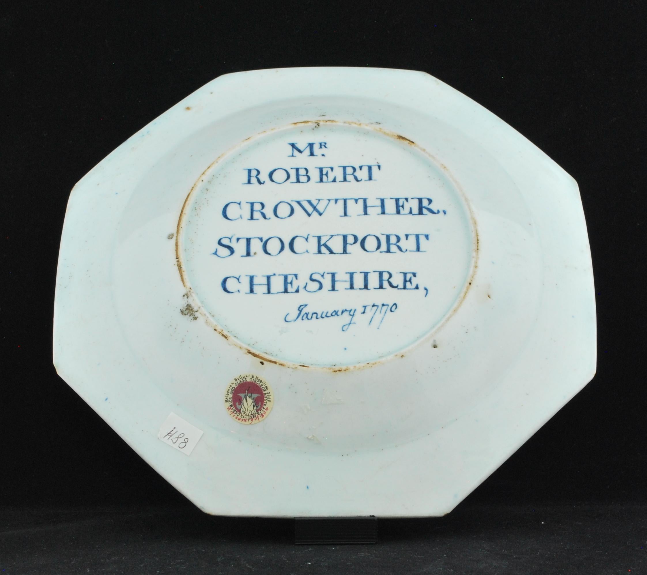 Neoclassical Dated Crowther Plate, Bow Porcelain Factory, 1770 For Sale