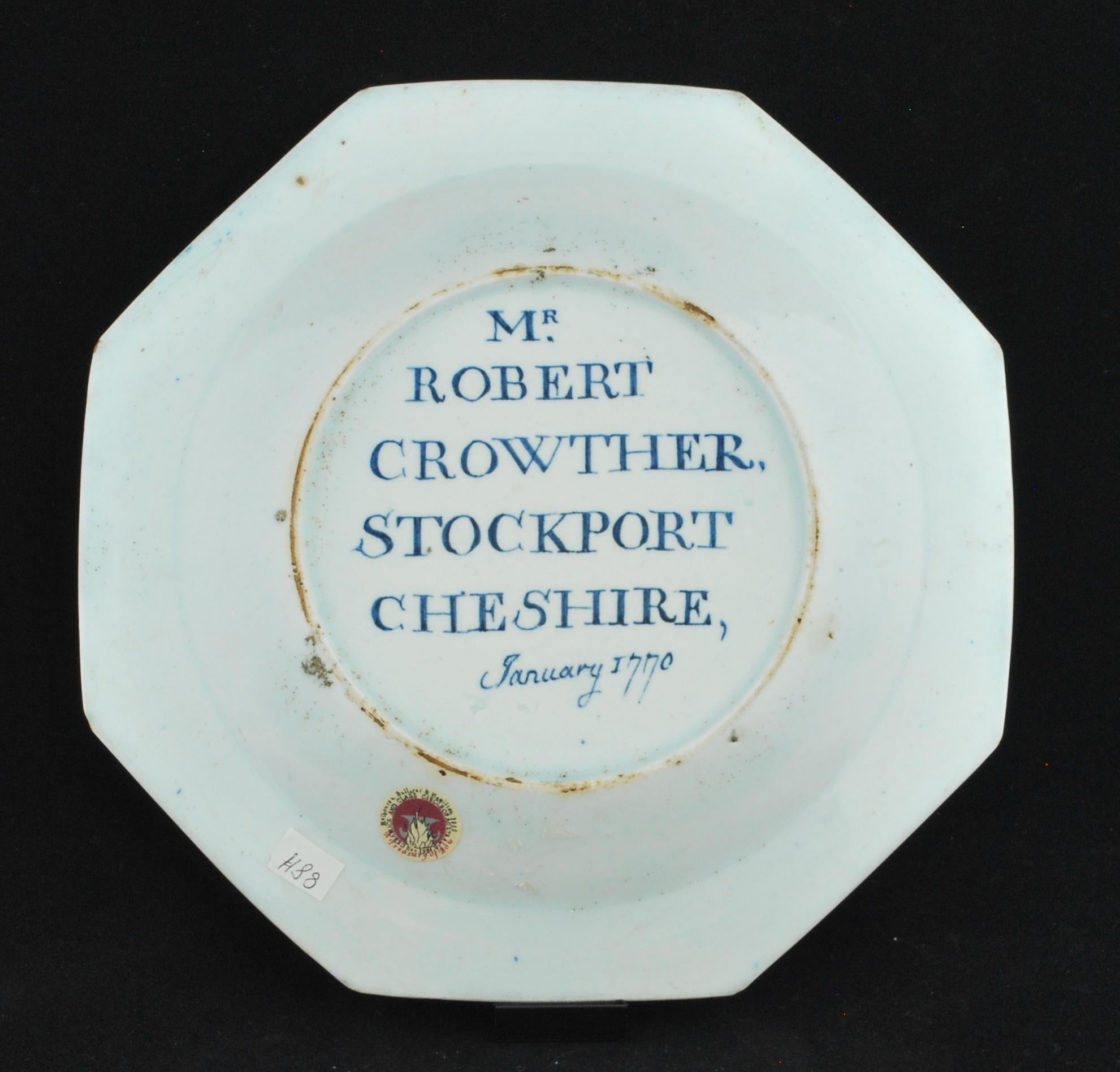 English Dated Crowther Plate, Bow Porcelain Factory, 1770 For Sale
