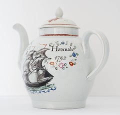 Dated Pearlware Teapot with Ship, English, 1792