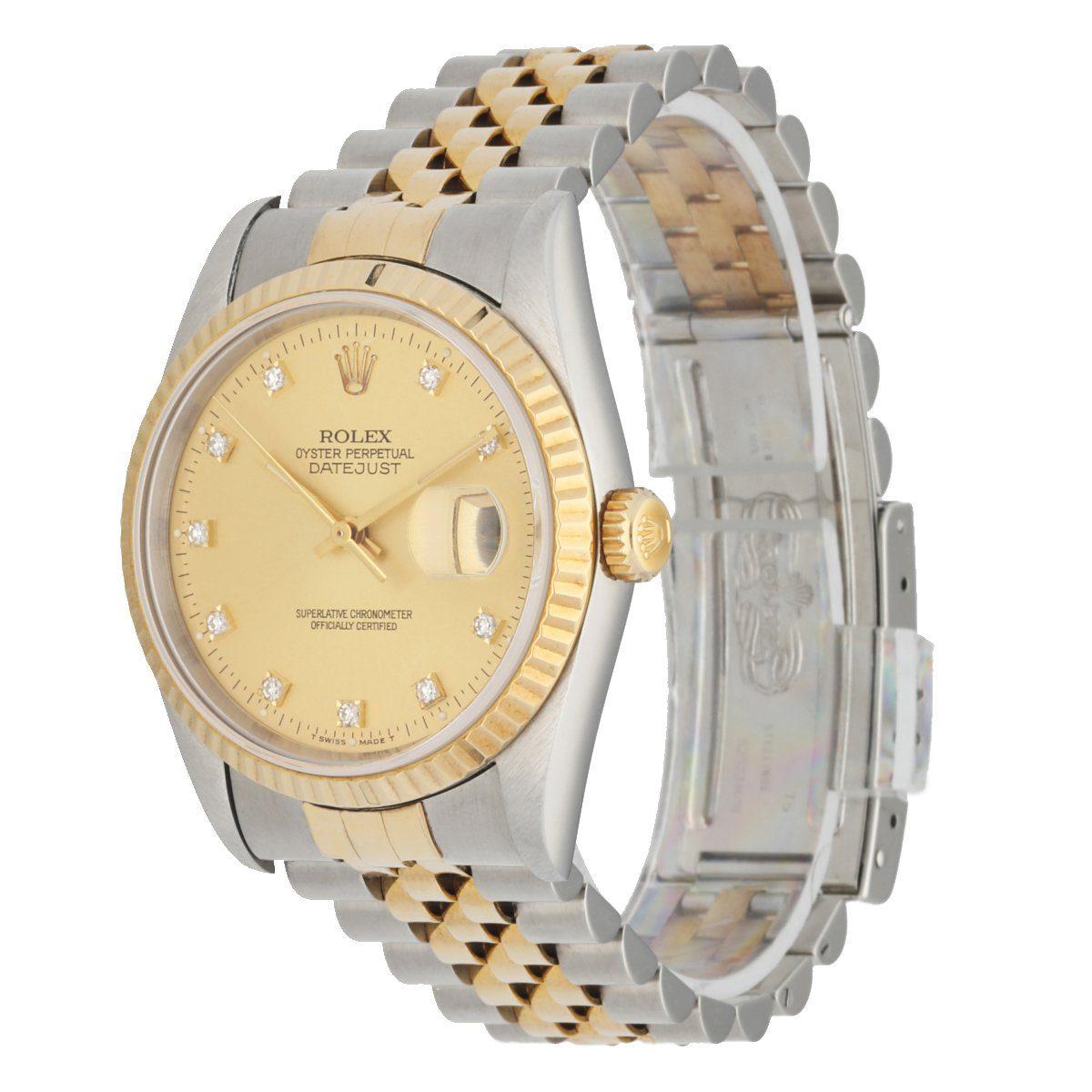 Rolex Datejust 16233 Men's Watch. 36mm Stainless Steel case.Â 18K Yellow GoldÂ fluted bezel. Champagne dial with gold hands and factory set diamond hour markers. Minute markers on the outer dial. Date display at the 3 o'clock position. Two Tone,