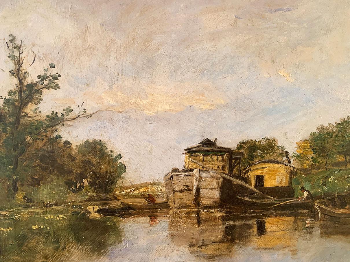 Panneau « The artist's boat workshop » (L'atelier de bateaux de l'artiste) Daubigny Karl (1846-1886) en vente 2