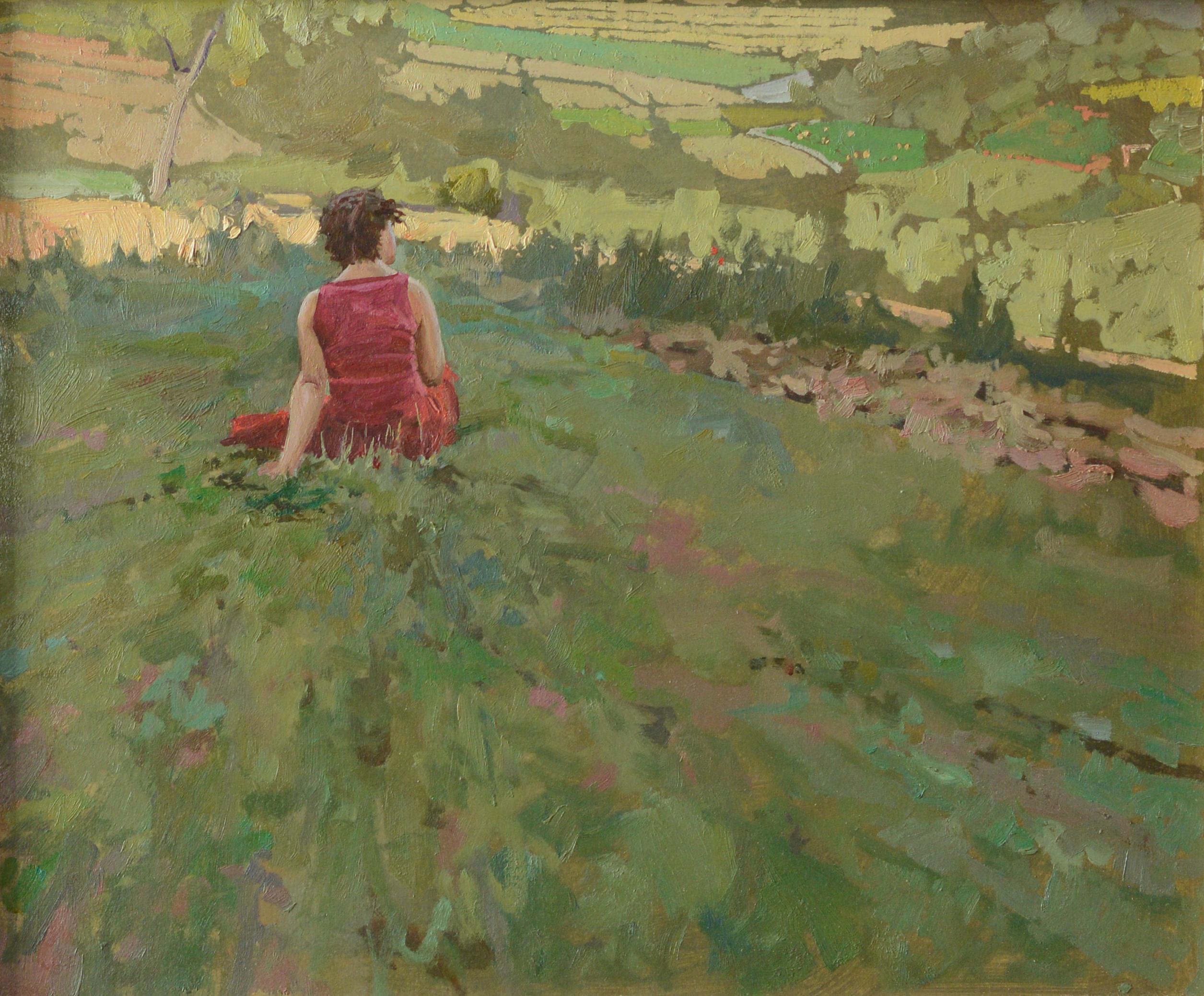 Daud Akhriev Landscape Painting - "Kate in Her Fields" Oil Painting