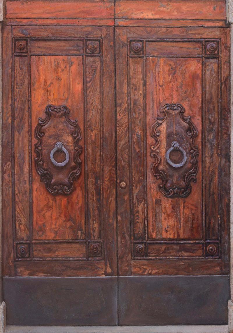 Daud Akhriev Still-Life Painting - "The Red Door" Oil Painting