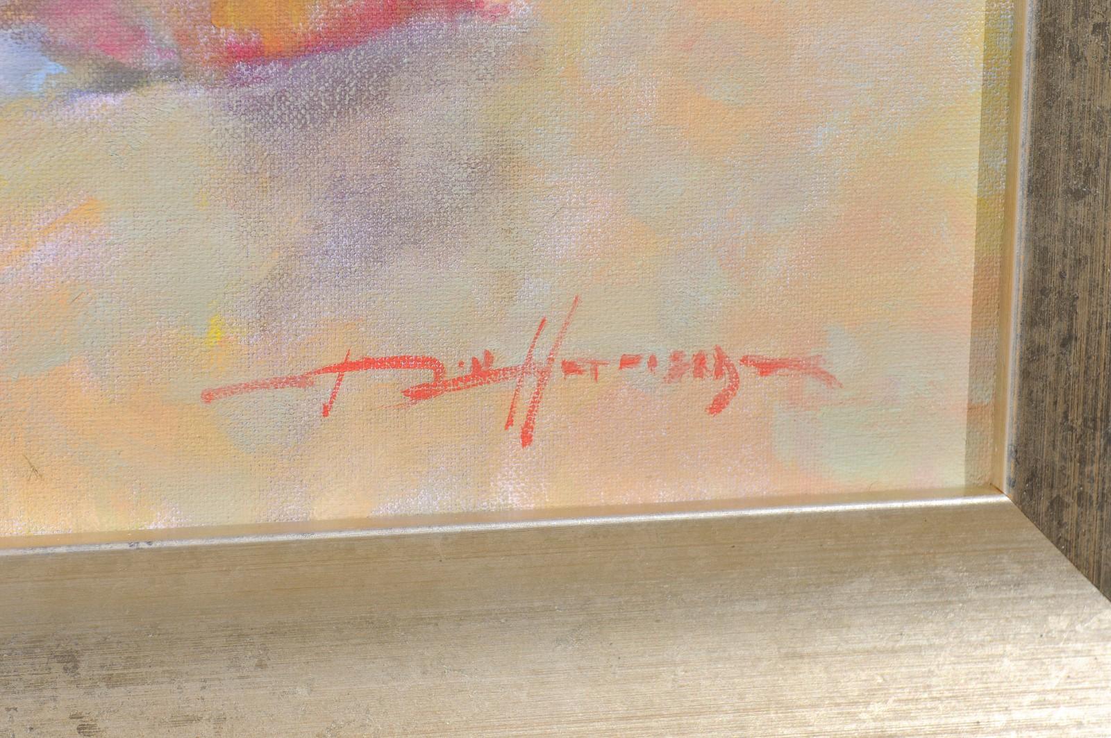 'Daughters' is a contemporary original painting of vertical format, created by American artist Don Hatfield in the 21st century and set inside a silver gilt frame. Featuring a soft palette made of pink, green, white, yellow and blue tones among