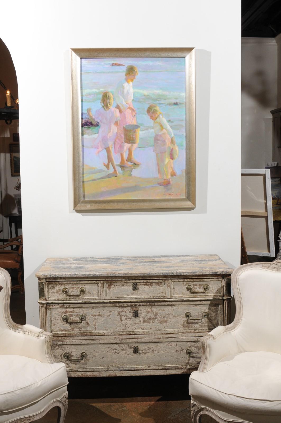 Daughters by Don Hatfield, Vertical Contemporary Framed Beach Scene Painting In Good Condition In Atlanta, GA