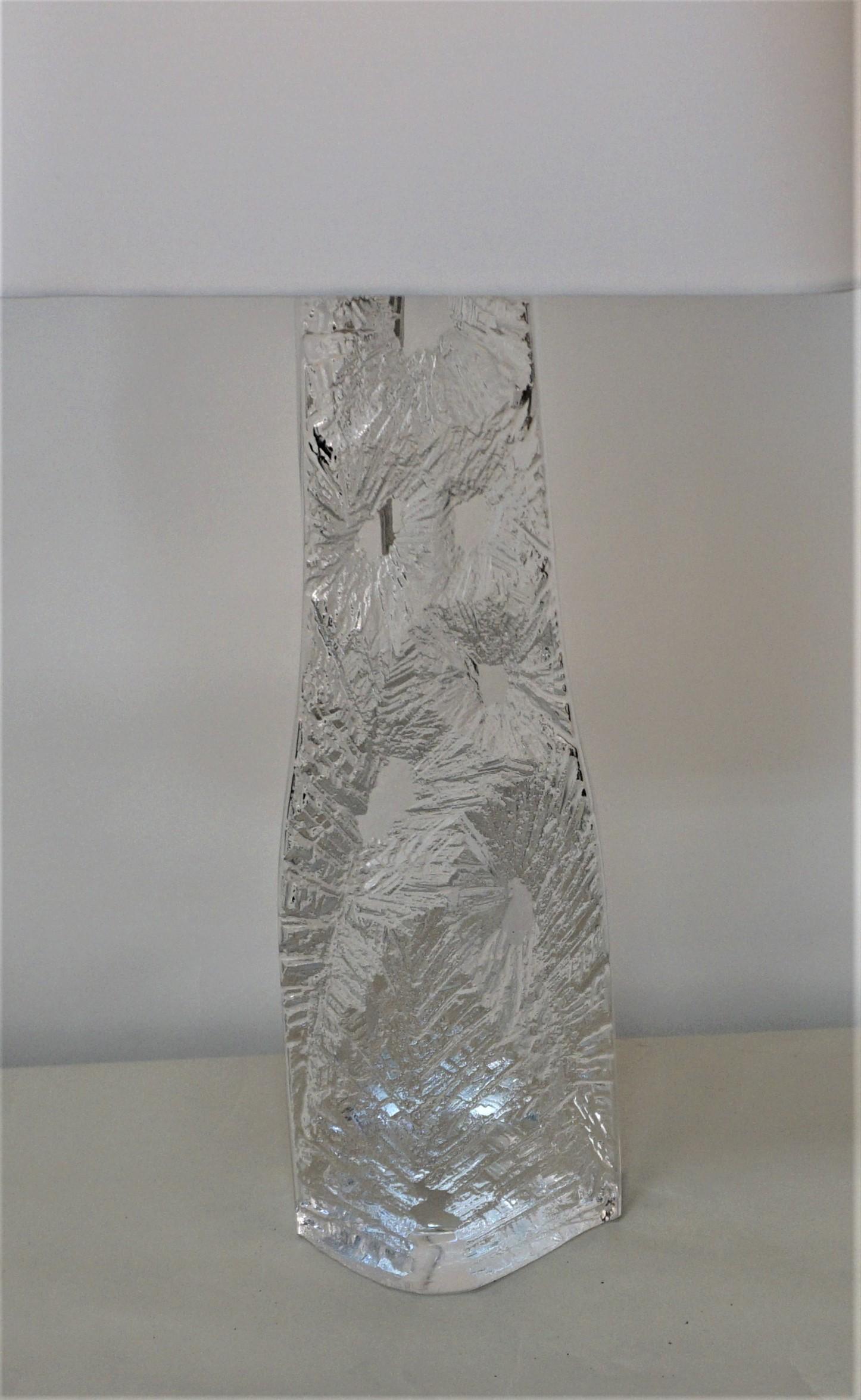 Tall heavy abstract design crystal table lamp by Daum, texture in front and clear and smooth in the back.
Glass base by itself is 15.5