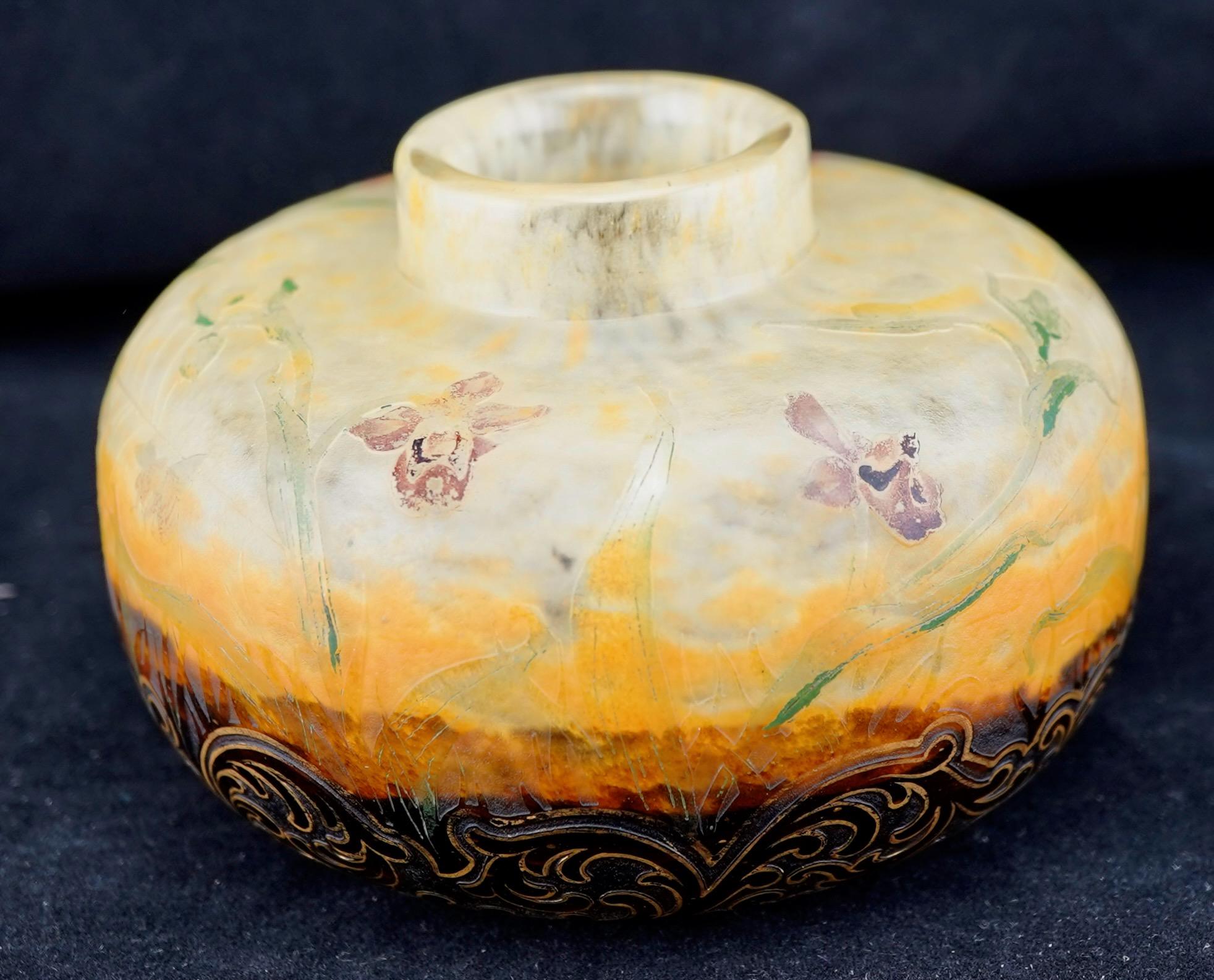 Art Nouveau Daum Acid Etched Spiderweb and Enameled Orchid Vase For Sale