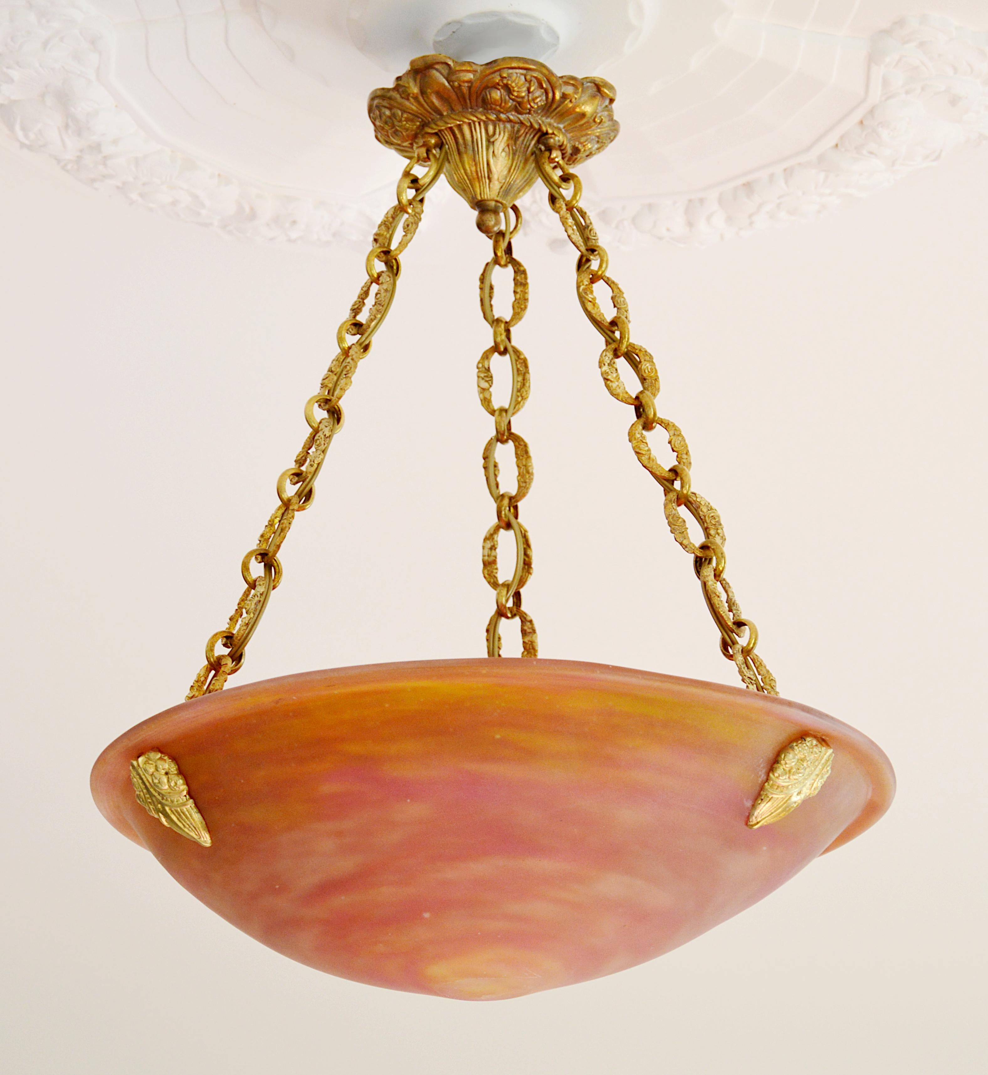 Antique French Art Deco / Nouveau pendant chandelier by Daum (Nancy) and Charles Ranc (Paris), France, 1910-1915. Blown double glass shade by Daum hung at its solid bronze fixture by Charles Ranc. Measures: Height 18