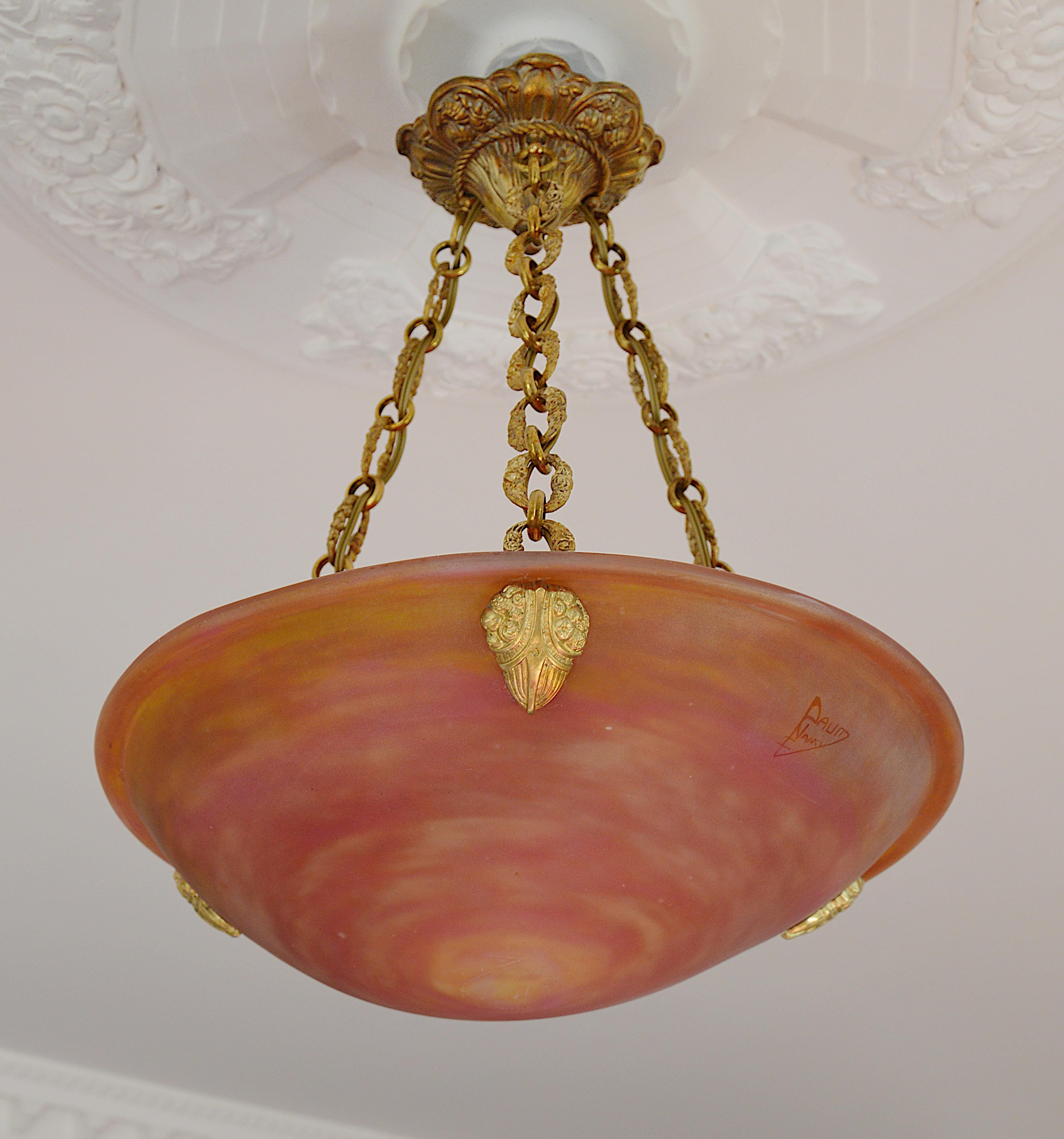 Daum Antique French Art Deco Nouveau Pendant Chandelier, 1910-1915 In Excellent Condition In Saint-Amans-des-Cots, FR