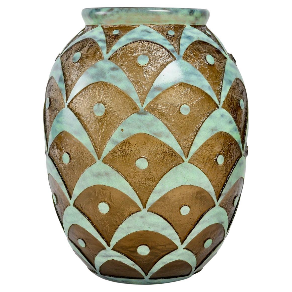 Daum Art Deco Smoky Glass 'Peacock Feather' Vase For Sale
