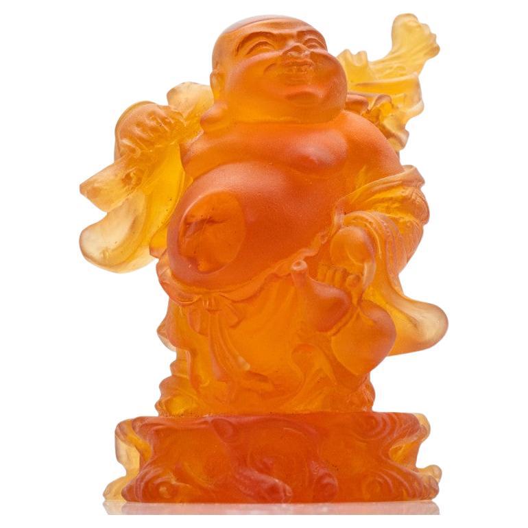 Scultura di Buddha arancione marrone in vetro artistico Daum, Francia
