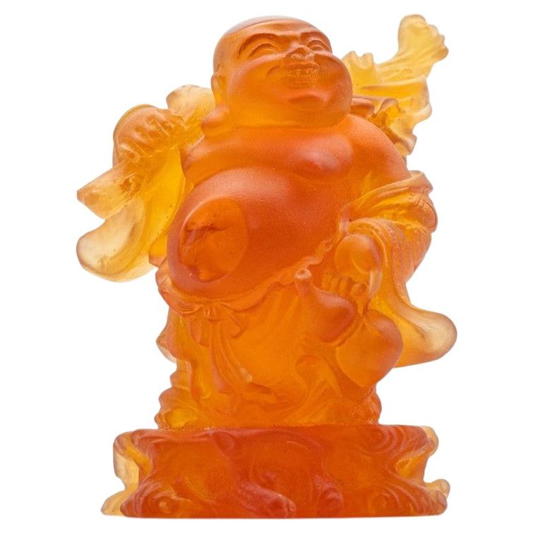 Scultura di Buddha arancione marrone in vetro artistico Daum, Francia