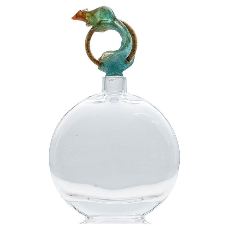 Daum Art Glass Carafe with Teal Mouse, France For Sale