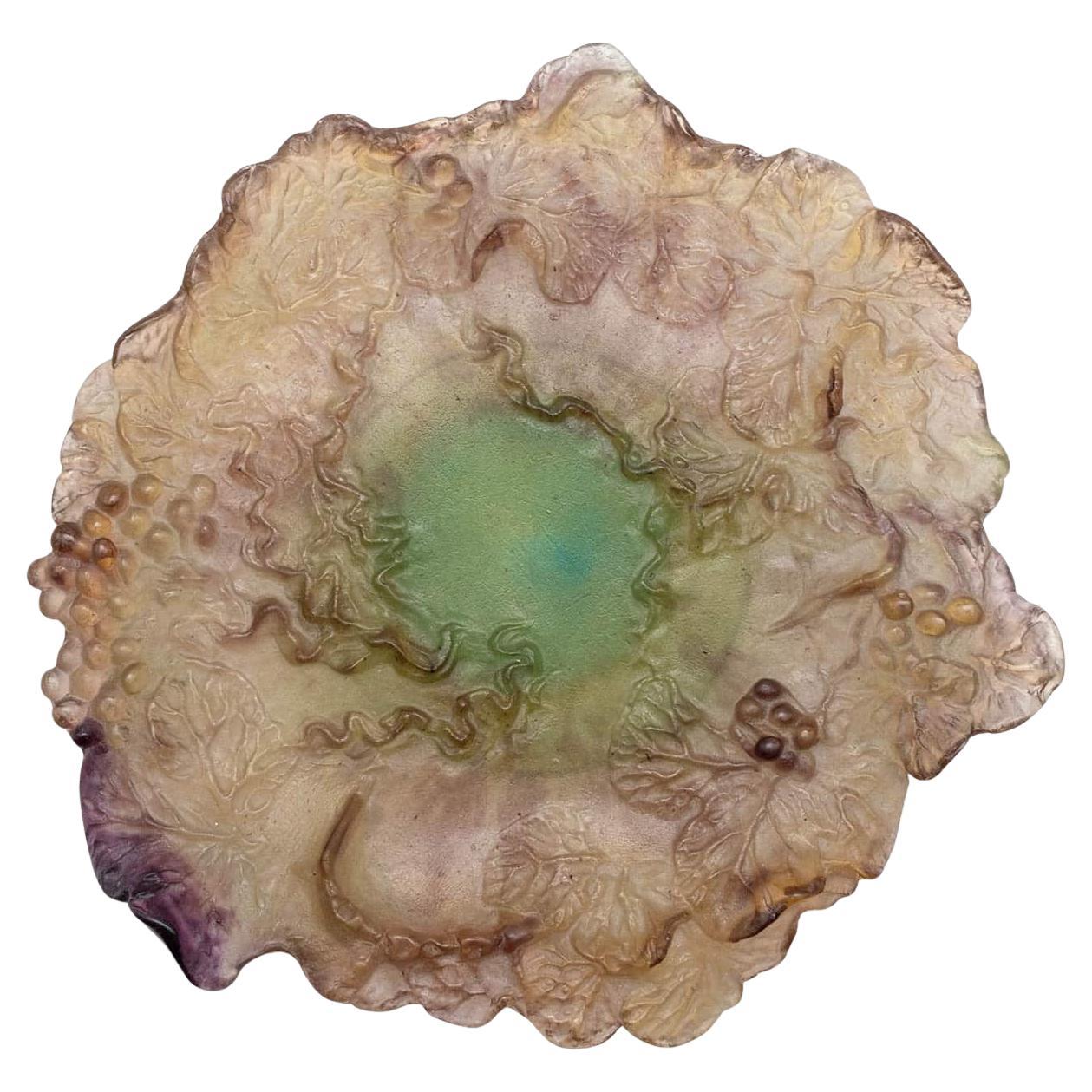 Piatto decorativo in vetro artistico Daum, verde e salmone, Francia