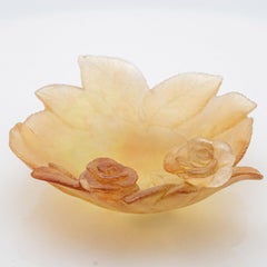 Daum Art Glass Decorative Plate with Amber Roses, France