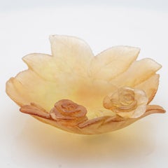 Daum Art Glass Decorative Plate with Amber Roses, France