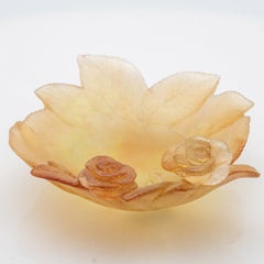 Daum Art Glass Decorative Plate with Amber Roses, France
