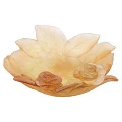 Daum Art Glass Decorative Plate with Amber Roses, France