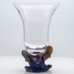 Daum Art Glass Fishes Vase Multicolor, Violet Orange, France