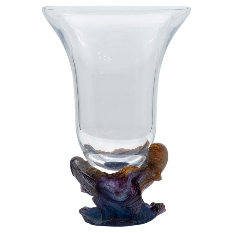 Vaso di vetro artistico Daum con pesci multicolore, arancio viola, Francia