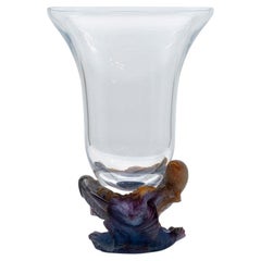 Vaso di vetro artistico Daum con pesci multicolore, arancio viola, Francia