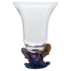 Daum Art Glass Fishes Vase Multicolor, Violet Orange, France