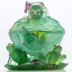 Daum Art Glass Green Bowl with Frogs, France