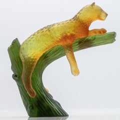 Daum Art Glass Panter on Tree Sculpture, France
