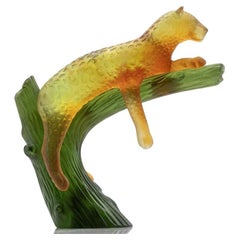Daum Art Glass Panter on Tree Sculpture, France