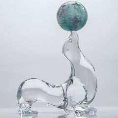 Daum Art Glass Seal Teal Glass Ball and Clear Glass Sculpture, France