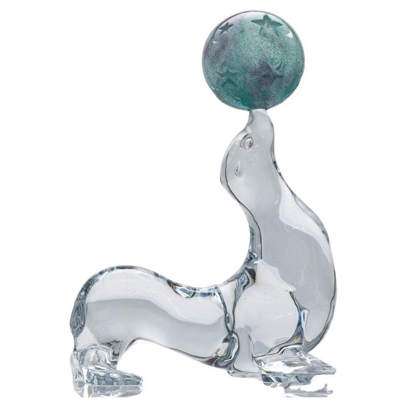 Scultura in vetro Daum Art Glass Seal Teal Ball and Clear Glass, Francia in vendita