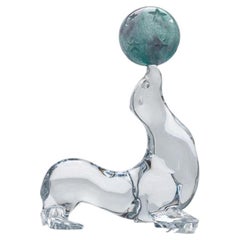 Scultura in vetro Daum Art Glass Seal Teal Ball and Clear Glass, Francia