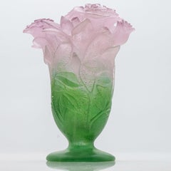Daum Art Glass Vase Roses Pink Green, France