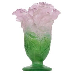 Daum Art Glass Vase Roses Pink Green, France