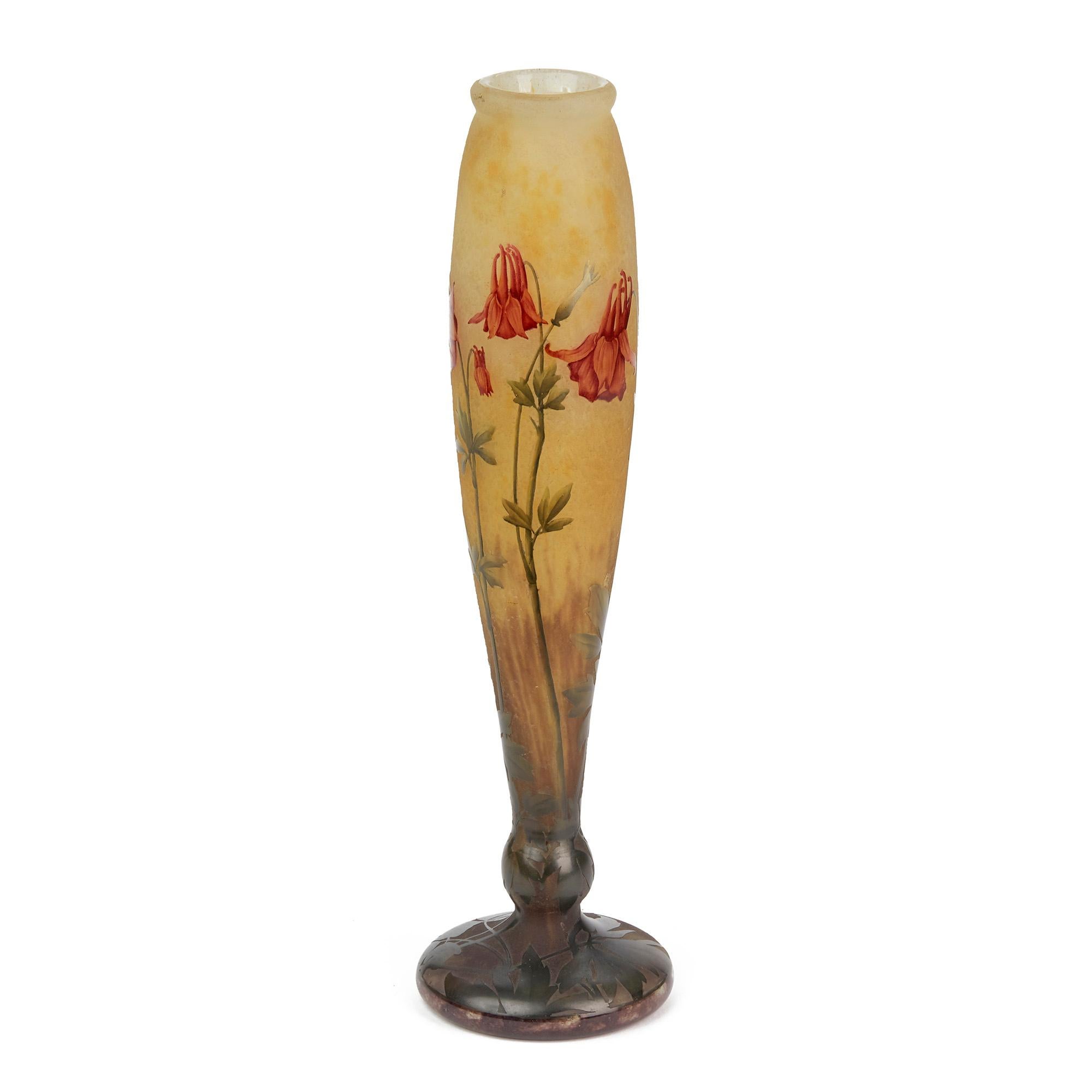 French Daum Art Nouveau Columbine Cameo Acid Etched Art Glass Vase