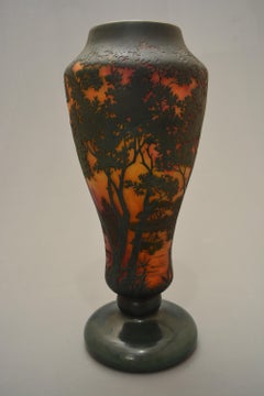 Daum Art Nouveau Green and Marbled Orange Lorrain Landscape Baluster Vase
