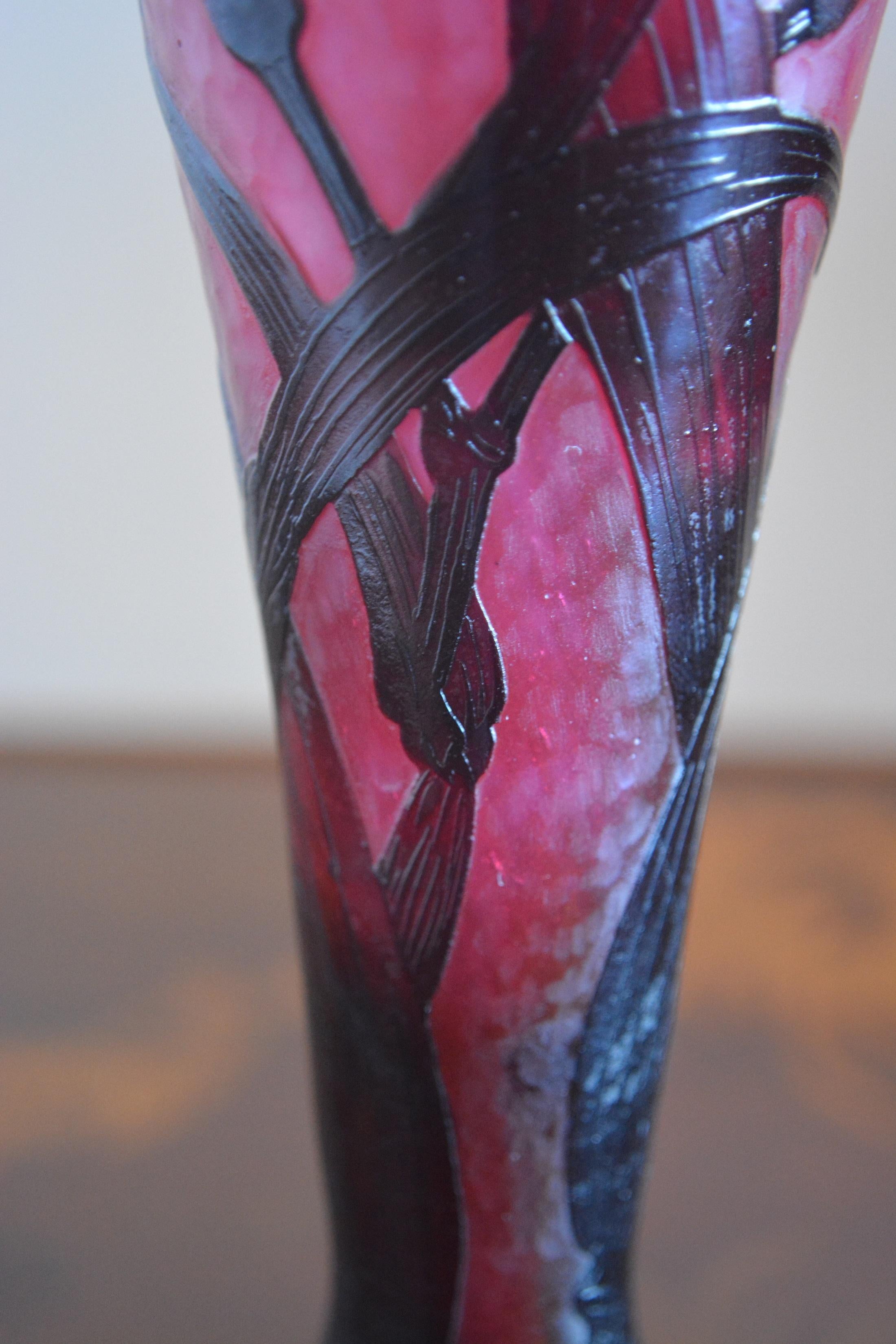 Art Glass Daum Art Nouveau Pink and Reddish Purple Glass Cattleya Labiata Vase For Sale