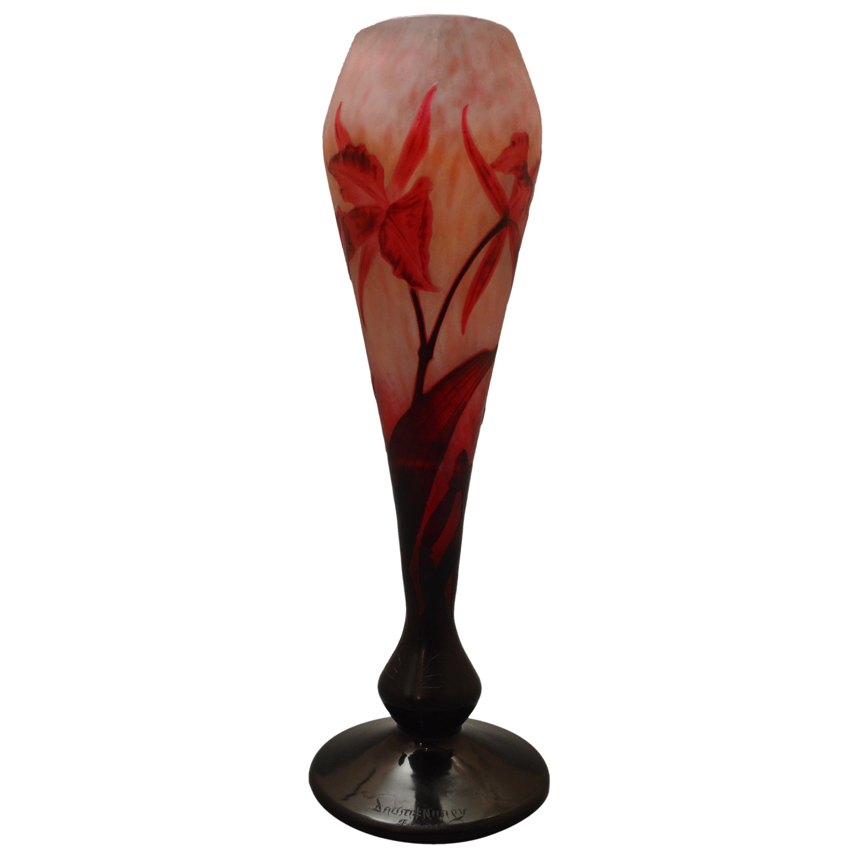 Daum Art Nouveau Pink and Reddish Purple Glass Cattleya Labiata Vase For Sale