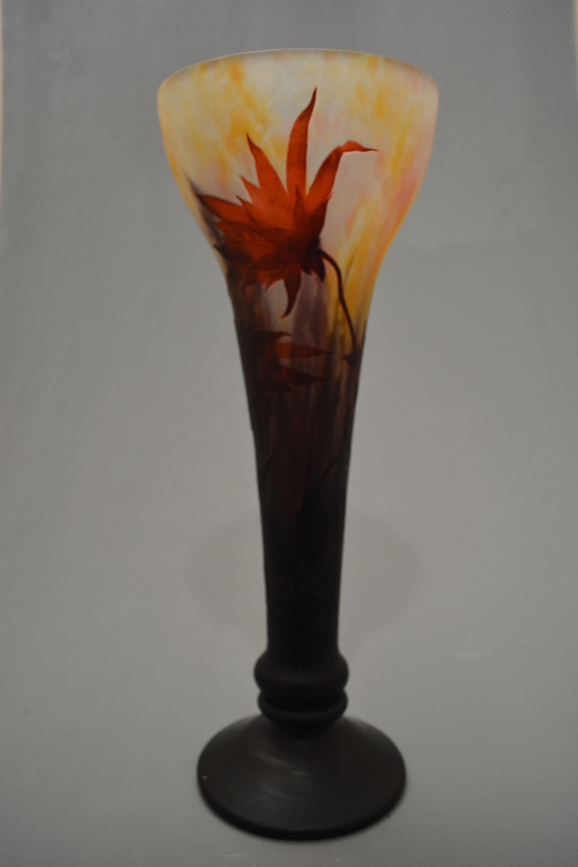 Etched Daum Art Nouveau Red Brown and Purple Glass Sunflowers French Vase For Sale